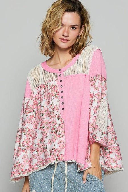 POL Washed Floral Print Crochet Detail Top - Sleekdenim.com