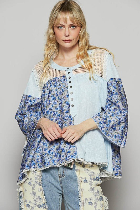 POL Washed Floral Print Crochet Detail Top - Sleekdenim.com