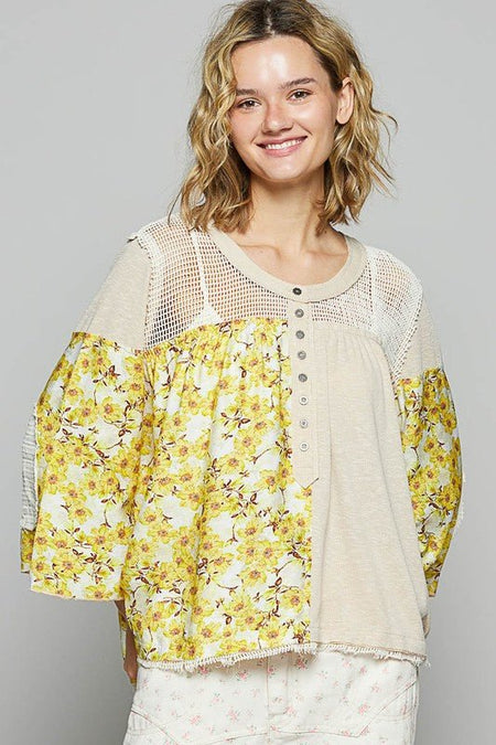 POL Washed Floral Print Crochet Detail Top - Sleekdenim.com