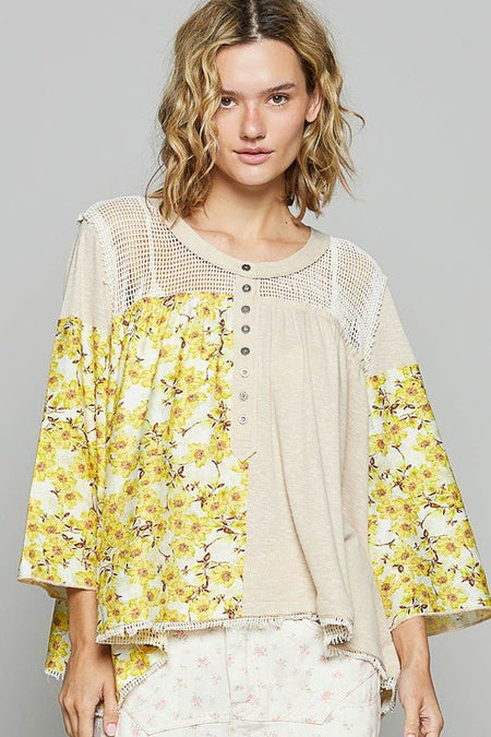 POL Washed Floral Print Crochet Detail Top - Sleekdenim.com