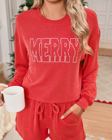 Racing Red Corded MERRY Long Sleeve Top and Shorts Pajama Set - Sleekdenim.com