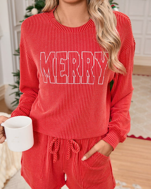 Racing Red Corded MERRY Long Sleeve Top and Shorts Pajama Set - Sleekdenim.com