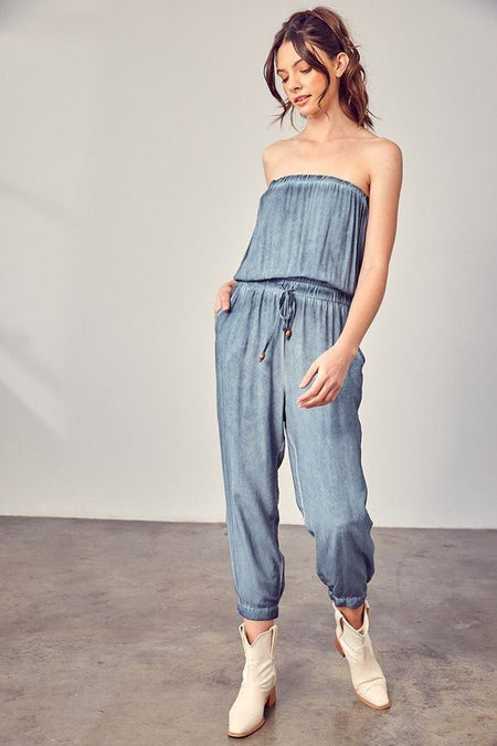 Raw Edge Detail Tube Jumpsuit - Sleekdenim.com