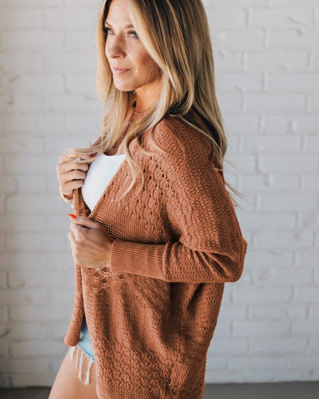 Redwood Burl Mix Pattern Hollow Knit Open Front Cardigan - Sleekdenim.com