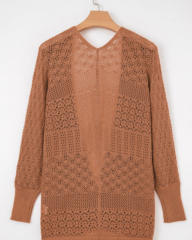 Redwood Burl Mix Pattern Hollow Knit Open Front Cardigan - Sleekdenim.com