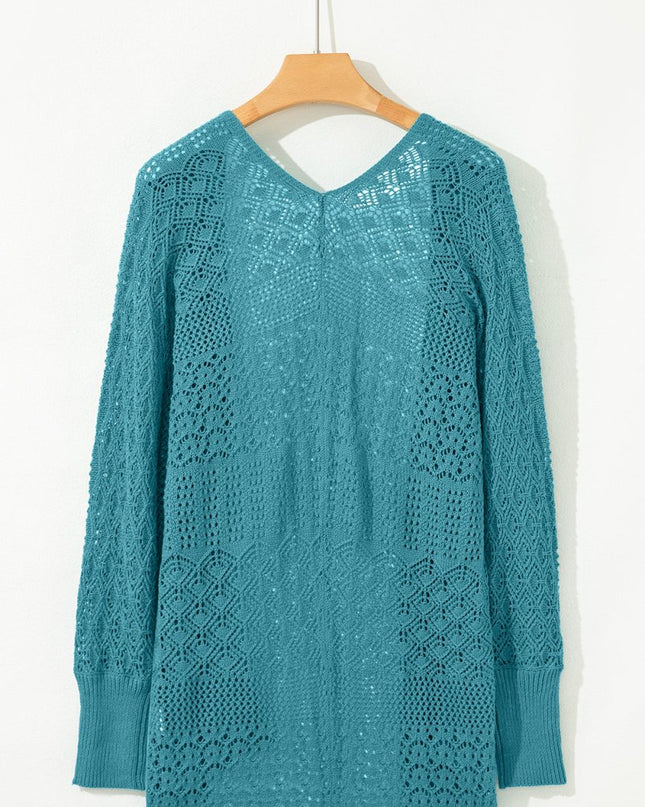 Redwood Burl Mix Pattern Hollow Knit Open Front Cardigan - Sleekdenim.com