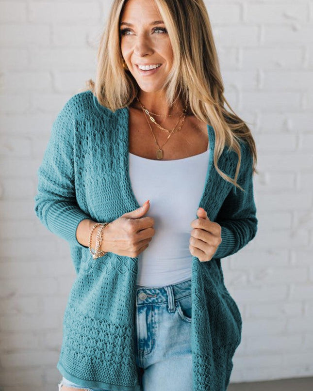 Redwood Burl Mix Pattern Hollow Knit Open Front Cardigan - Sleekdenim.com