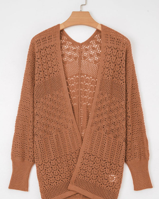 Redwood Burl Mix Pattern Hollow Knit Open Front Cardigan - Sleekdenim.com