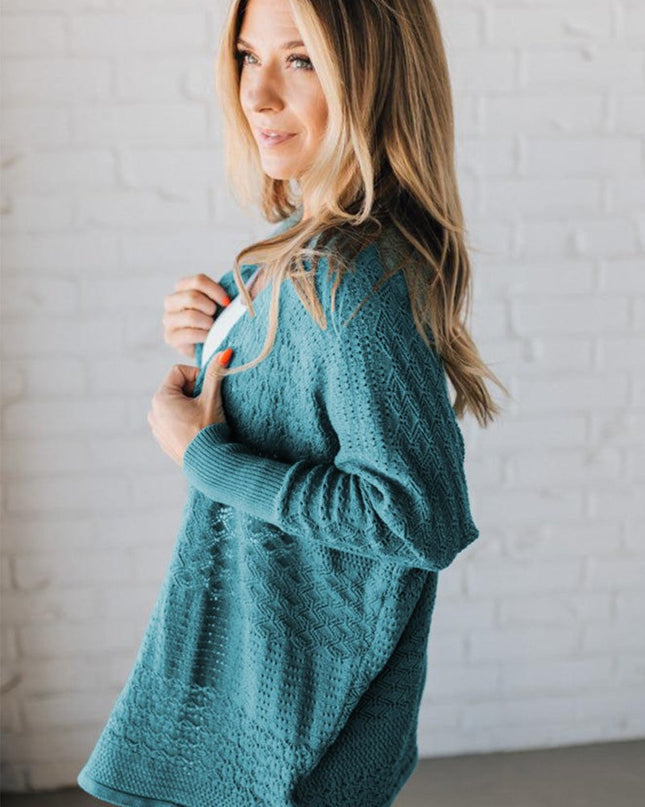 Redwood Burl Mix Pattern Hollow Knit Open Front Cardigan - Sleekdenim.com