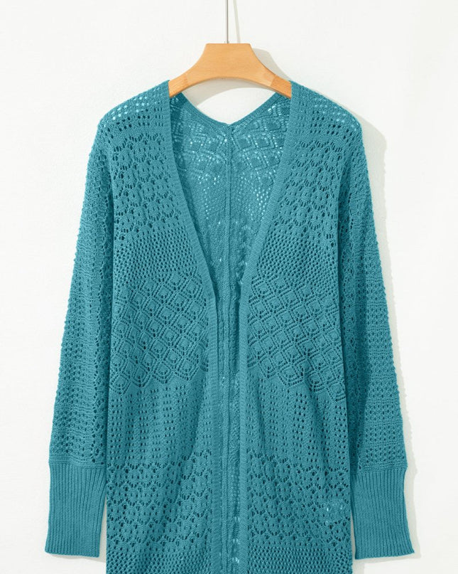 Redwood Burl Mix Pattern Hollow Knit Open Front Cardigan - Sleekdenim.com