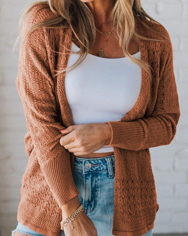 Redwood Burl Mix Pattern Hollow Knit Open Front Cardigan - Sleekdenim.com