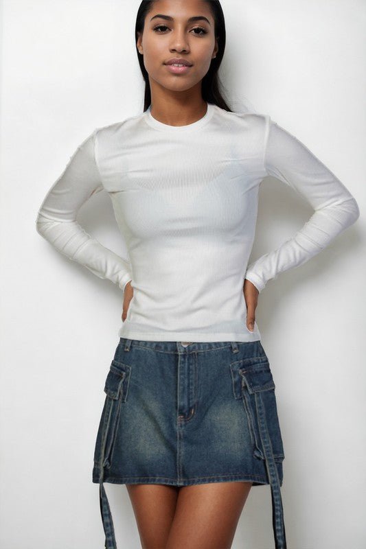 Ribbed Round Neck Long Sleeve Top - Sleekdenim.com
