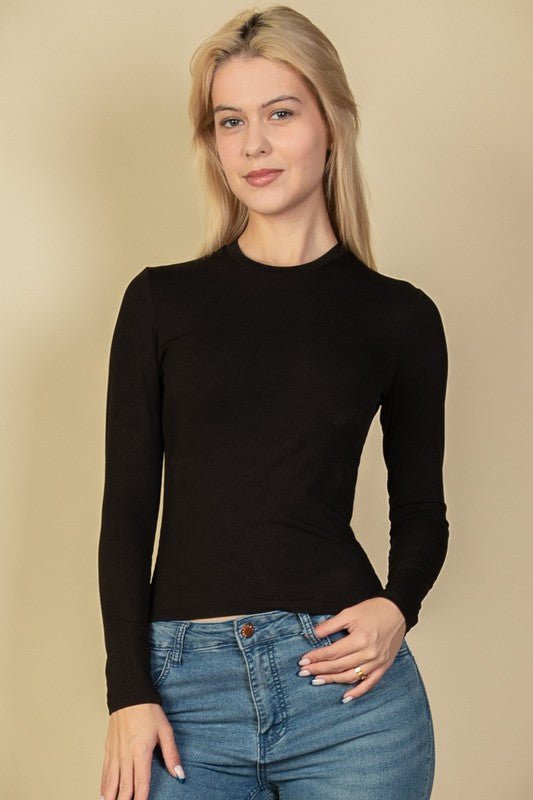 Ribbed Round Neck Long Sleeve Top - Sleekdenim.com
