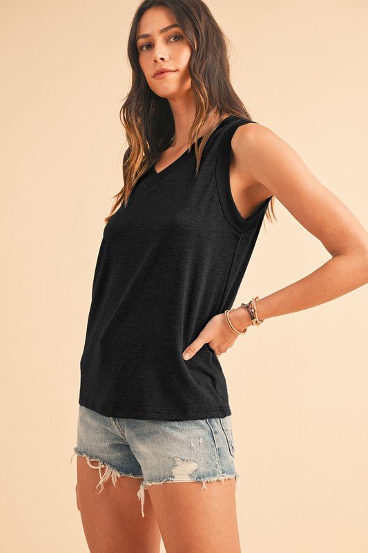 Ribbed V Neck Tank - Sleekdenim.com