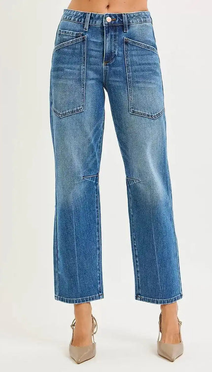 RISEN 4 Way Stretch Mid Rise Barrel Jeans with Patch Pocket Detail - Sleekdenim.com