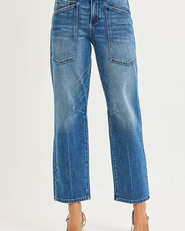 RISEN 4 Way Stretch Mid Rise Barrel Jeans with Patch Pocket Detail - Sleekdenim.com