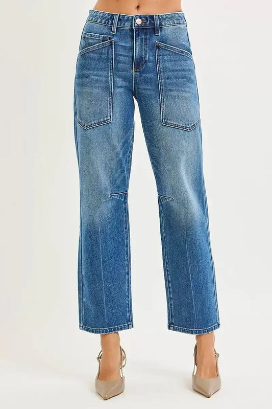 RISEN 4 Way Stretch Mid Rise Barrel Jeans with Patch Pocket Detail RDP5662