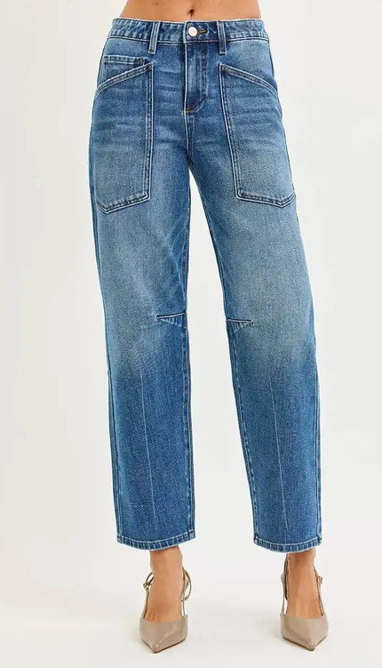 RISEN 4 Way Stretch Mid Rise Barrel Jeans with Patch Pocket Detail - Sleekdenim.com