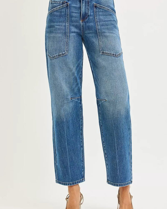 RISEN 4 Way Stretch Mid Rise Barrel Jeans with Patch Pocket Detail - Sleekdenim.com