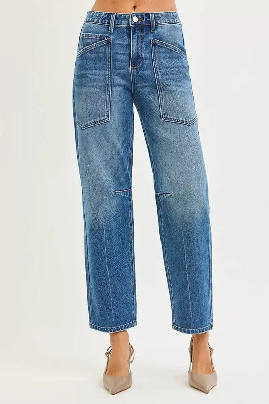RISEN 4 Way Stretch Mid Rise Barrel Jeans with Patch Pocket Detail RDP5662