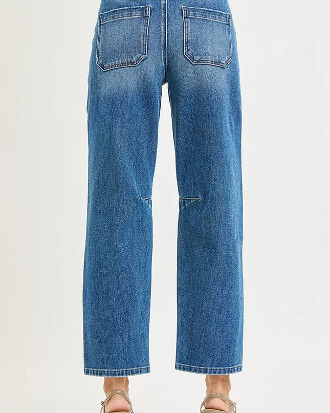 RISEN 4 Way Stretch Mid Rise Barrel Jeans with Patch Pocket Detail - Sleekdenim.com