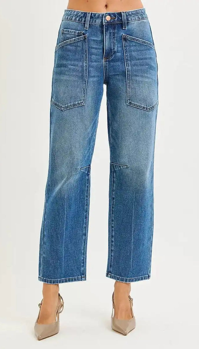 RISEN 4 Way Stretch Mid Rise Barrel Jeans with Patch Pocket Detail - Sleekdenim.com