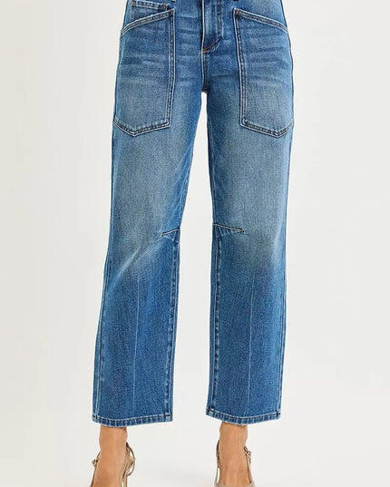 RISEN 4 Way Stretch Mid Rise Barrel Jeans with Patch Pocket Detail - Sleekdenim.com