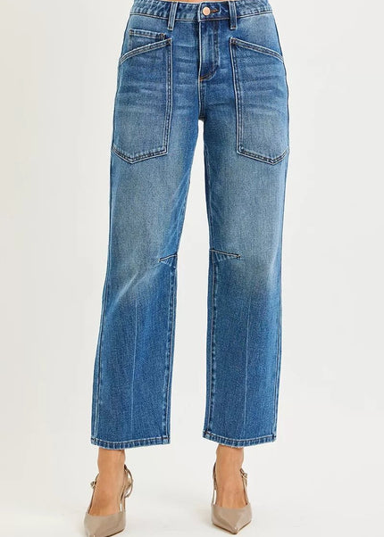 RISEN 4 Way Stretch Mid Rise Barrel Jeans with Patch Pocket Detail - Sleekdenim.com