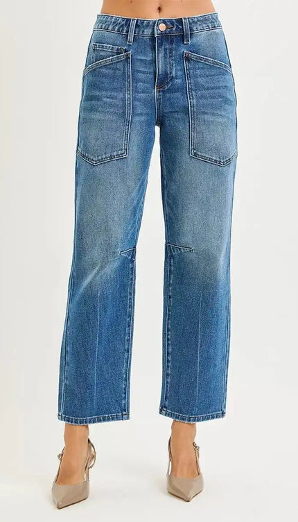 RISEN 4 Way Stretch Mid Rise Barrel Jeans with Patch Pocket Detail - Sleekdenim.com