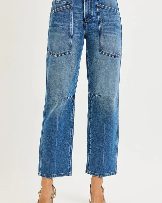 RISEN 4 Way Stretch Mid Rise Barrel Jeans with Patch Pocket Detail - Sleekdenim.com