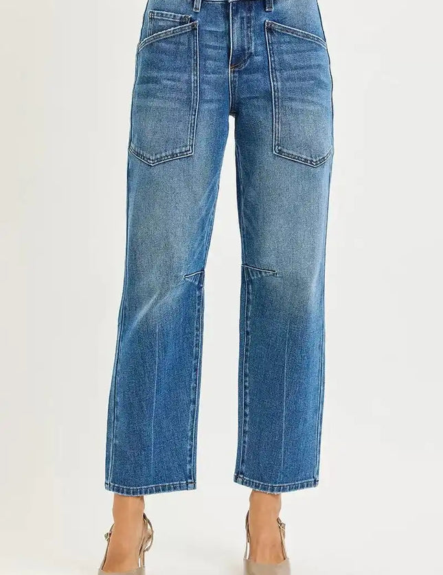 RISEN 4 Way Stretch Mid Rise Barrel Jeans with Patch Pocket Detail - Sleekdenim.com