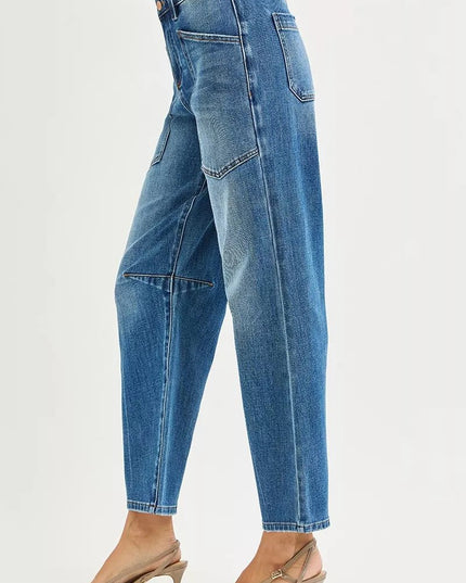 RISEN 4 Way Stretch Mid Rise Barrel Jeans with Patch Pocket Detail - Sleekdenim.com