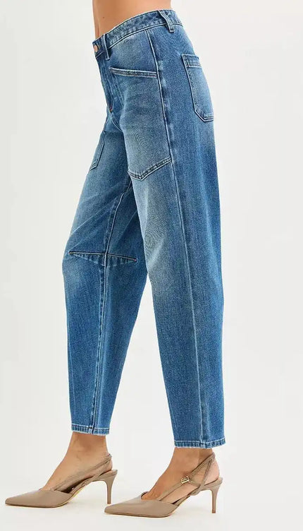 RISEN 4 Way Stretch Mid Rise Barrel Jeans with Patch Pocket Detail - Sleekdenim.com