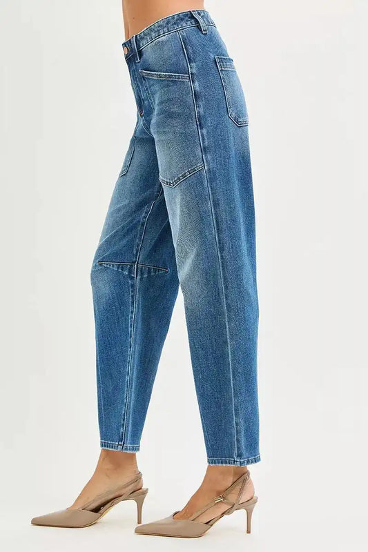 RISEN 4 Way Stretch Mid Rise Barrel Jeans with Patch Pocket Detail RDP5662