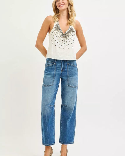 RISEN 4 Way Stretch Mid Rise Barrel Jeans with Patch Pocket Detail - Sleekdenim.com