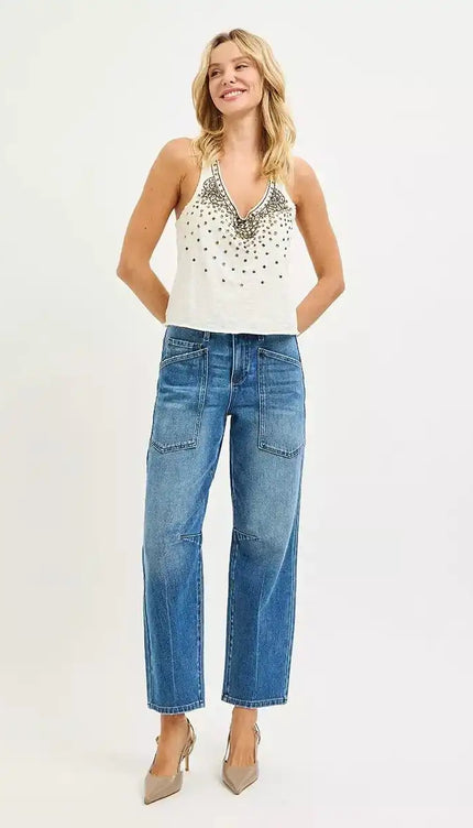 RISEN 4 Way Stretch Mid Rise Barrel Jeans with Patch Pocket Detail - Sleekdenim.com