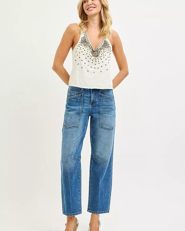 RISEN 4 Way Stretch Mid Rise Barrel Jeans with Patch Pocket Detail - Sleekdenim.com