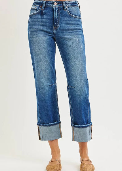 RISEN High Rise Straight Jeans with Distressed Hem - Sleekdenim.com