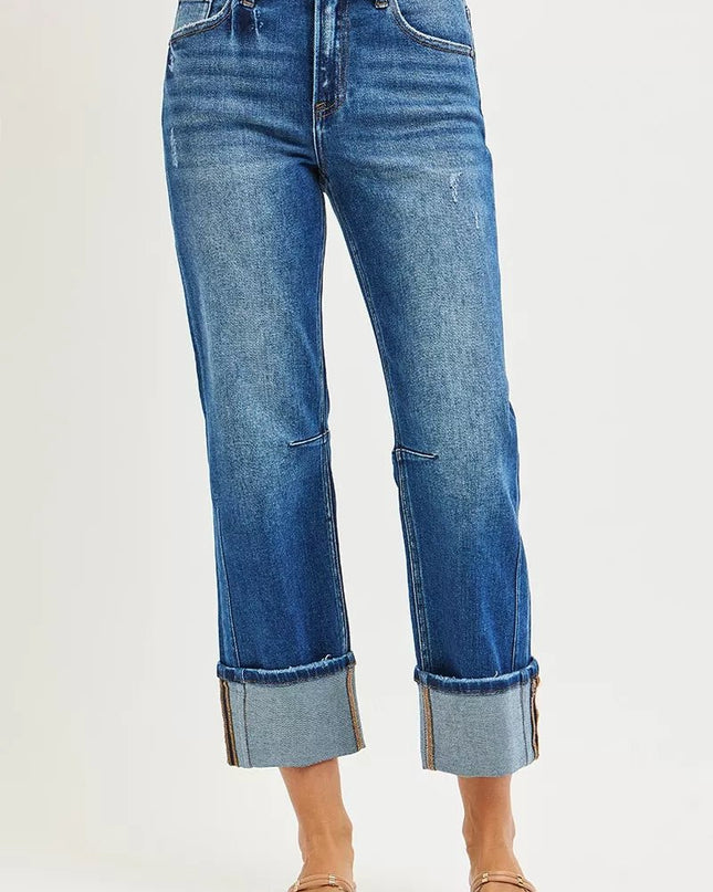 RISEN High Rise Straight Jeans with Distressed Hem - Sleekdenim.com