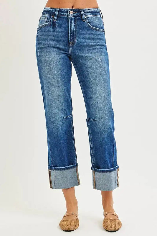 RISEN High Rise Straight Jeans with Distressed Hem - Sleekdenim.com