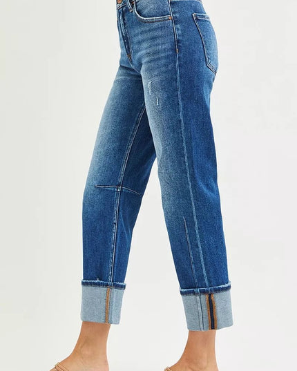 RISEN High Rise Straight Jeans with Distressed Hem - Sleekdenim.com