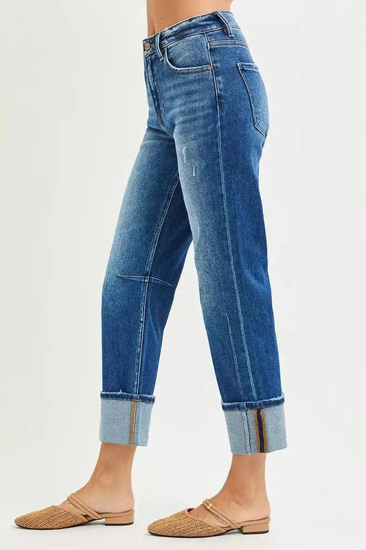 RISEN High Rise Straight Jeans with Distressed Hem - Sleekdenim.com