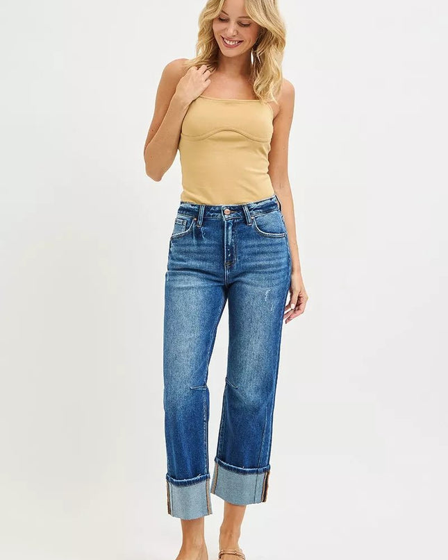 RISEN High Rise Straight Jeans with Distressed Hem - Sleekdenim.com