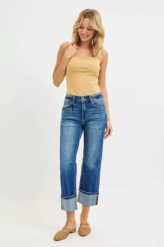 RISEN High Rise Straight Jeans with Distressed Hem - Sleekdenim.com