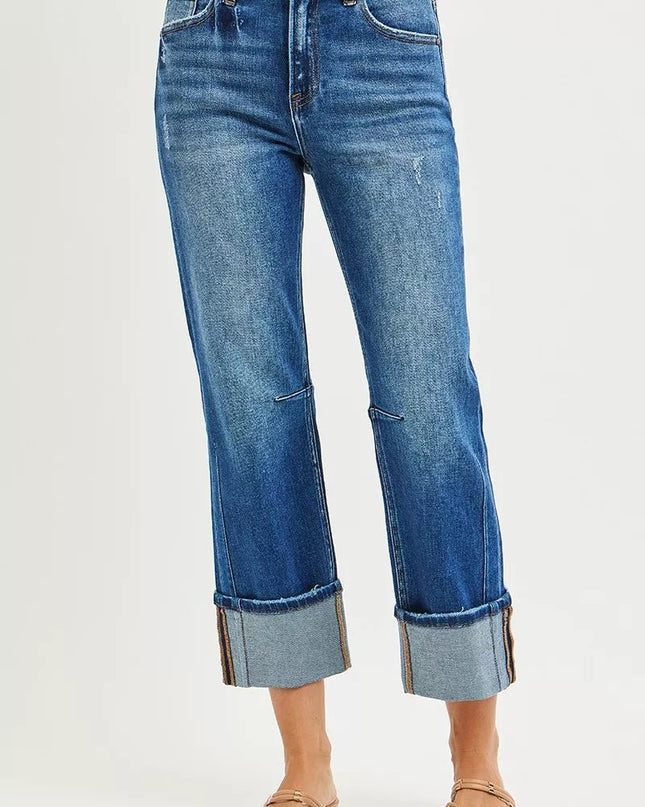RISEN High Rise Straight Jeans with Distressed Hem - Sleekdenim.com