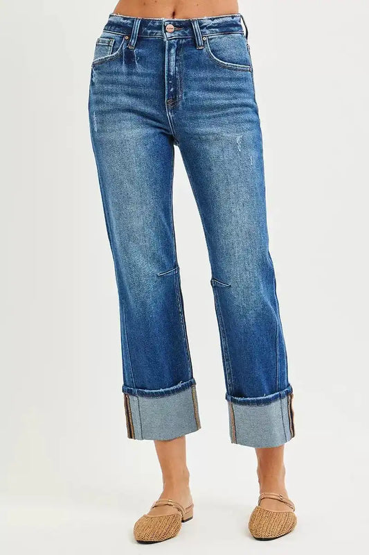 RISEN High Rise Straight Jeans with Distressed Hem - Sleekdenim.com