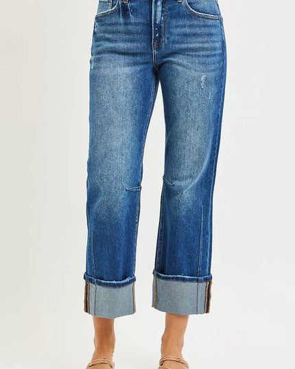 RISEN High Rise Straight Jeans with Distressed Hem - Sleekdenim.com