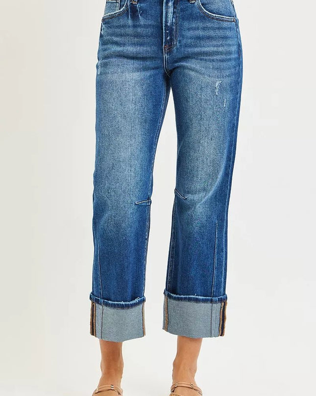 RISEN High Rise Straight Jeans with Distressed Hem - Sleekdenim.com