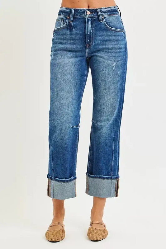 RISEN High Rise Straight Jeans with Distressed Hem - Sleekdenim.com