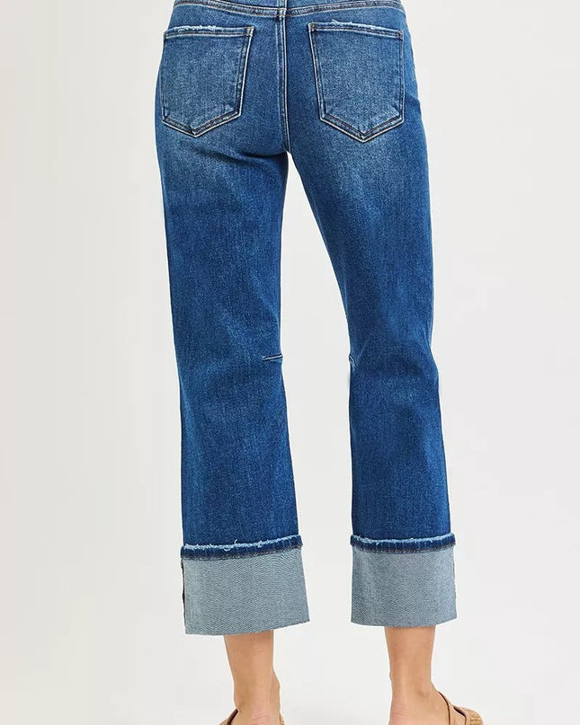 RISEN High Rise Straight Jeans with Distressed Hem - Sleekdenim.com